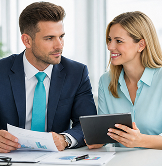 Berater erklärt individuelle Lösungen anhand eines Tablets